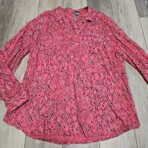 New Directions Weekend Aztec Long Tab Sleeve Button Up Blouse Pink Women's XL